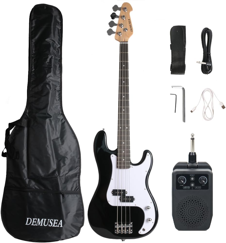 Full size 4strings electric bass guitar kit package black color with 5W portable plug and play amplifier travel amp set with strap gig bag bundle for beginner starter practice (BKPB-30)