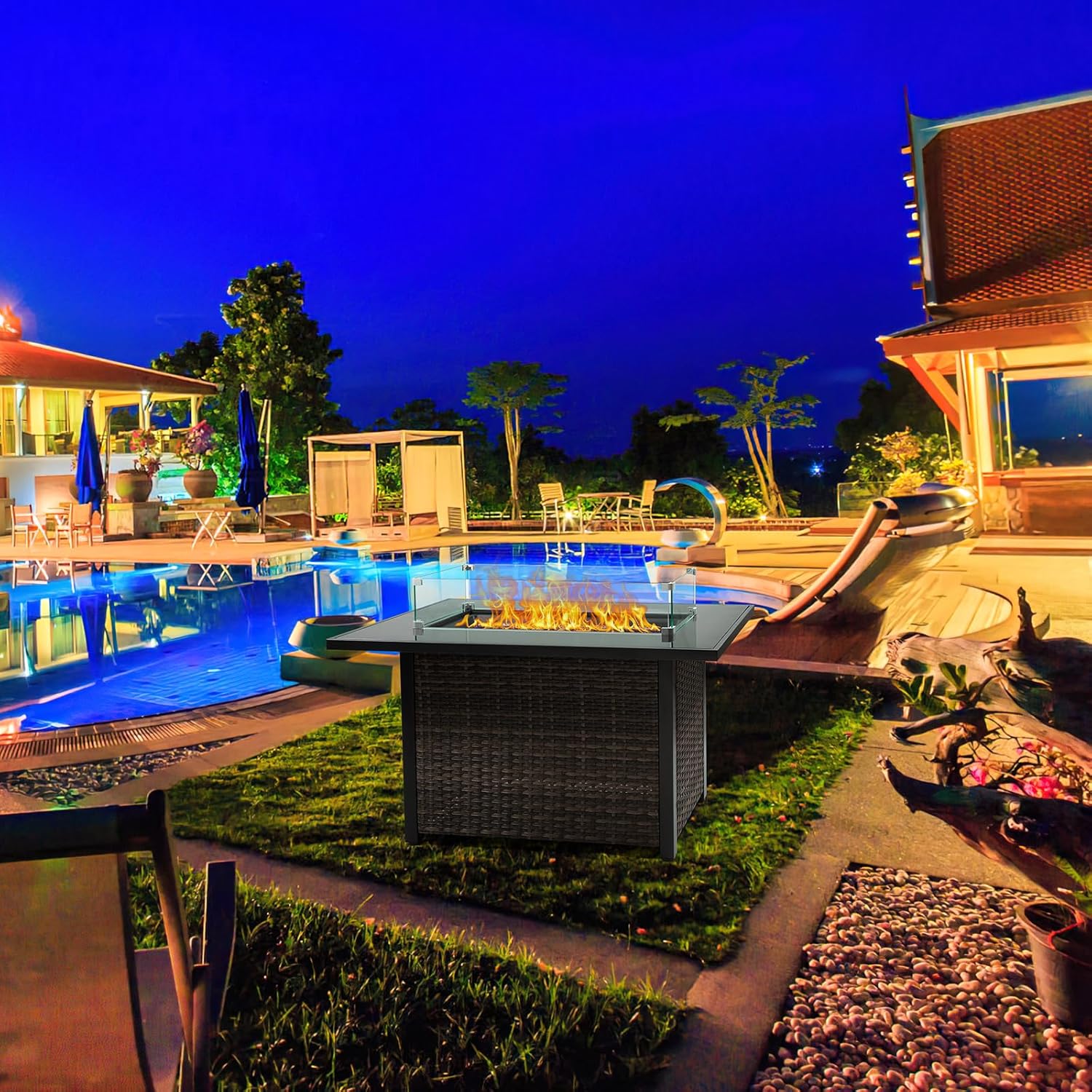 50,000 BTU Outdoor Propane Gas Fire Table - 44-Inch Square Fire Pit with Lid, Glass Wind Guard & Weather-Resistant Wicker Base for Patio, Backyard, Garden Heating