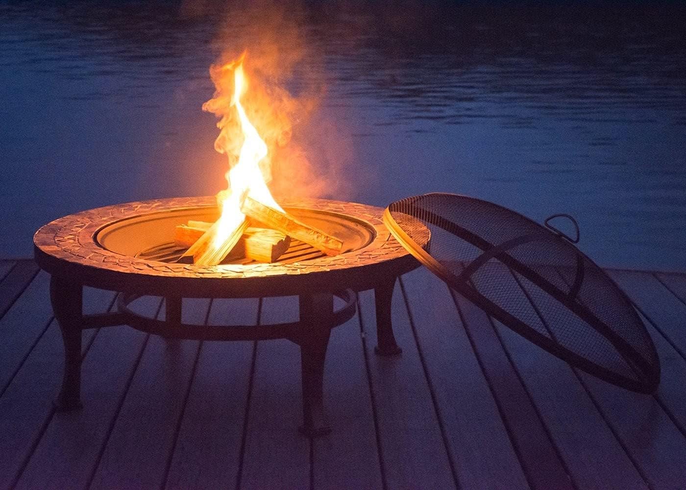 Firepit Table for Outside, Multifunctional Fire Pit Table, Firepit Table for Outside Wood Burning with Spark Screen Cover for Backyard Garden Patio Bonfire Heating,