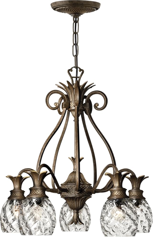 Hinkley Plantation Small Single Tier Chandelier - Pineapple Motif, 5-Light, Inside Etched Amber Optic Glass, Aluminum - Pearl Bronze Finish