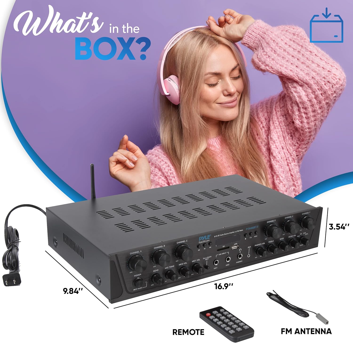 Pyle Bluetooth Home Audio Amplifier - 6 Channel Stereo Receiver Amp, 600 Watt Power, Commercial or Karaoke with Mic Talkover, Headphone Jack, 1/4'' Microphone In, USB SD AUX RCA FM Radio