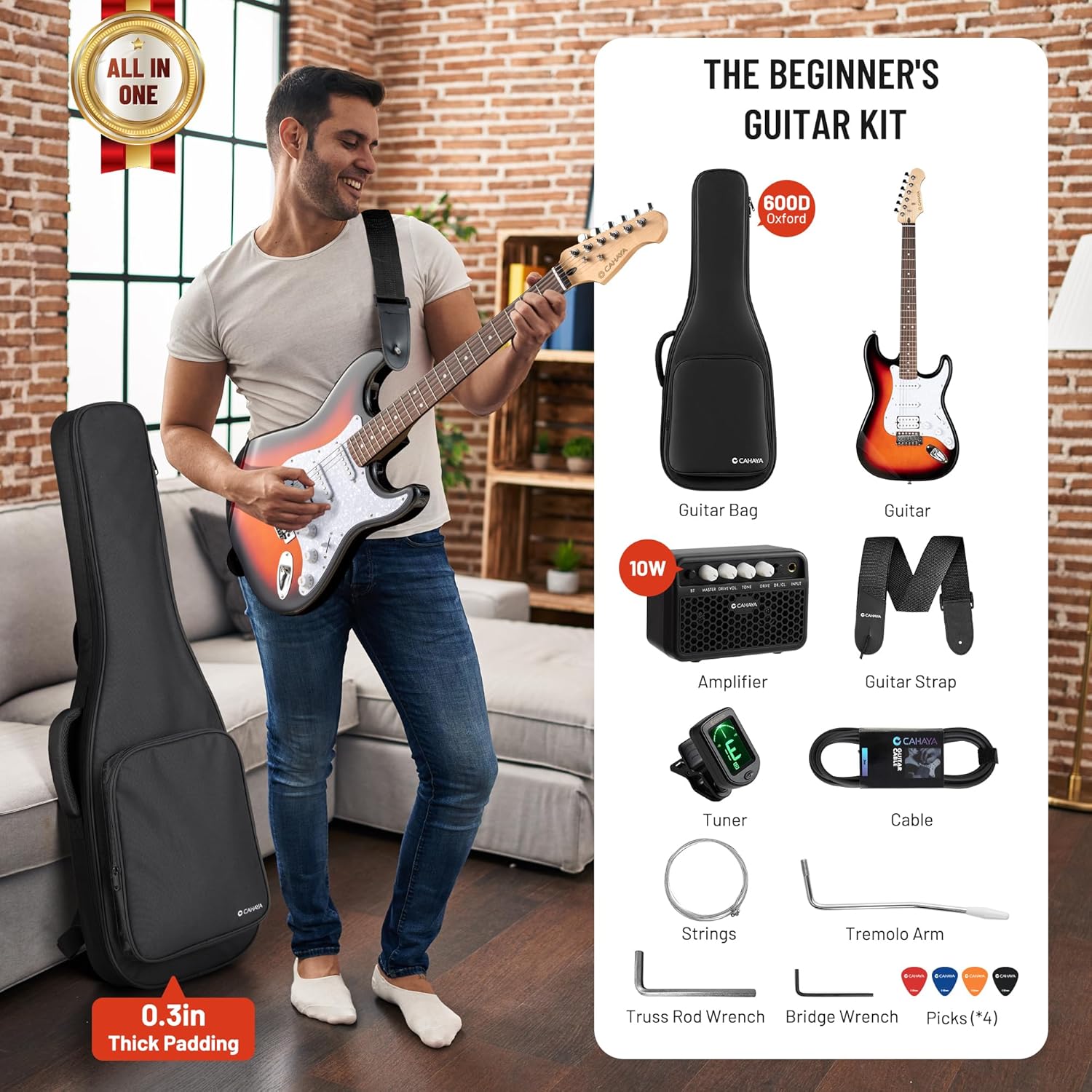 CAHAYA Electric Guitar Kit 39in - Full Size Electric Guitar Kit for Beginner Starter Poplar Solid Body with 10W Amplifier, Gig Bag, Strap, Tuner, Cable, String, Picks