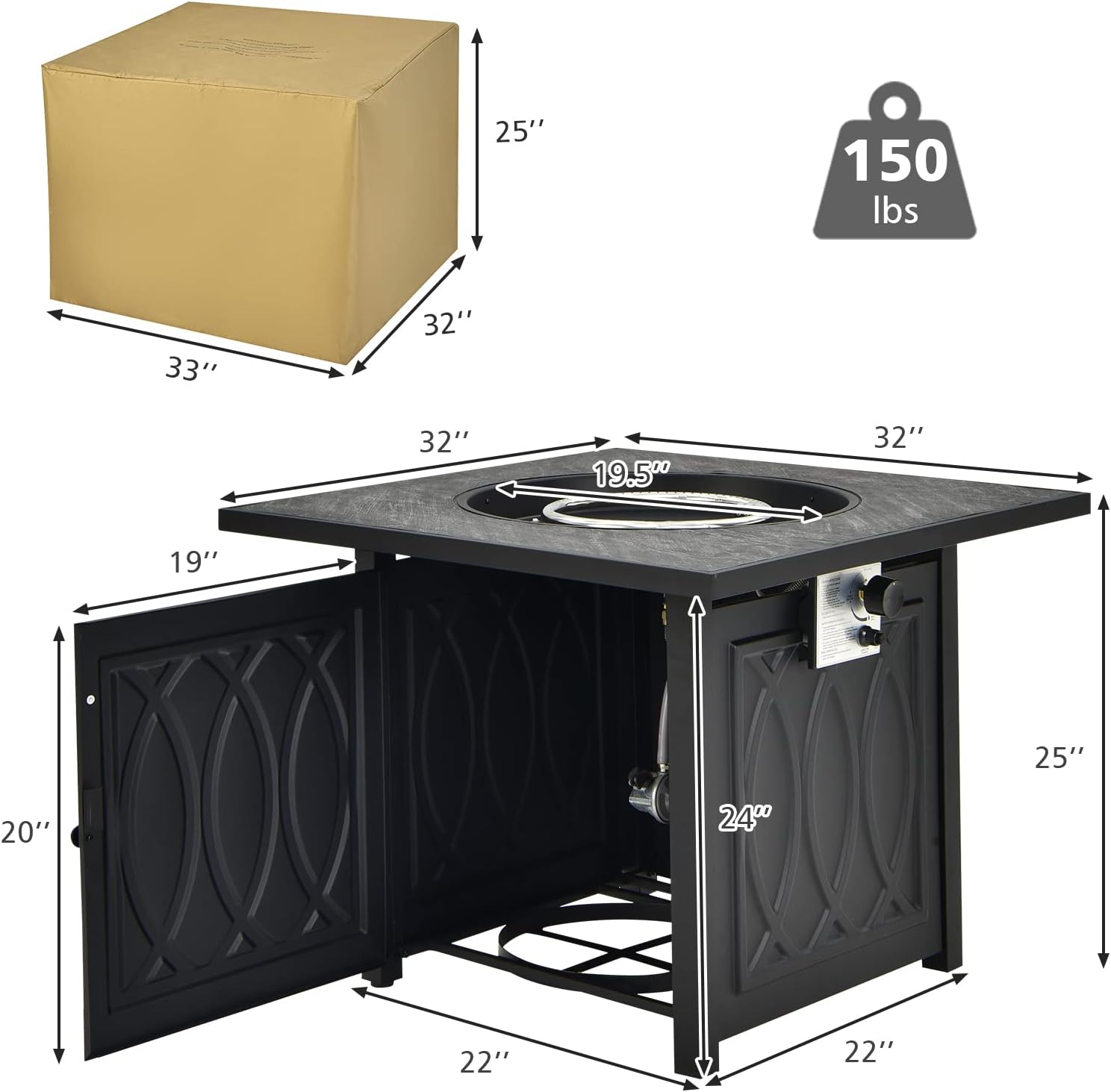 Tangkula 32 Inches Gas Fire Pit Table, 50,000 BTU Square Propane Firepit with High-Temp Resistant Tabletop, Adjustable Flame Lava Rocks and Waterproof Cover, Outdoor Fire Pit Table (Black)