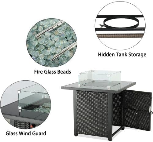 28'' Propane Fire Pit Table, Rattan & Wicker-Look, 50000 BTU Gas Firepits Tempered Glass Tabletop for Outside Patio and Garden,Yard(Brown)