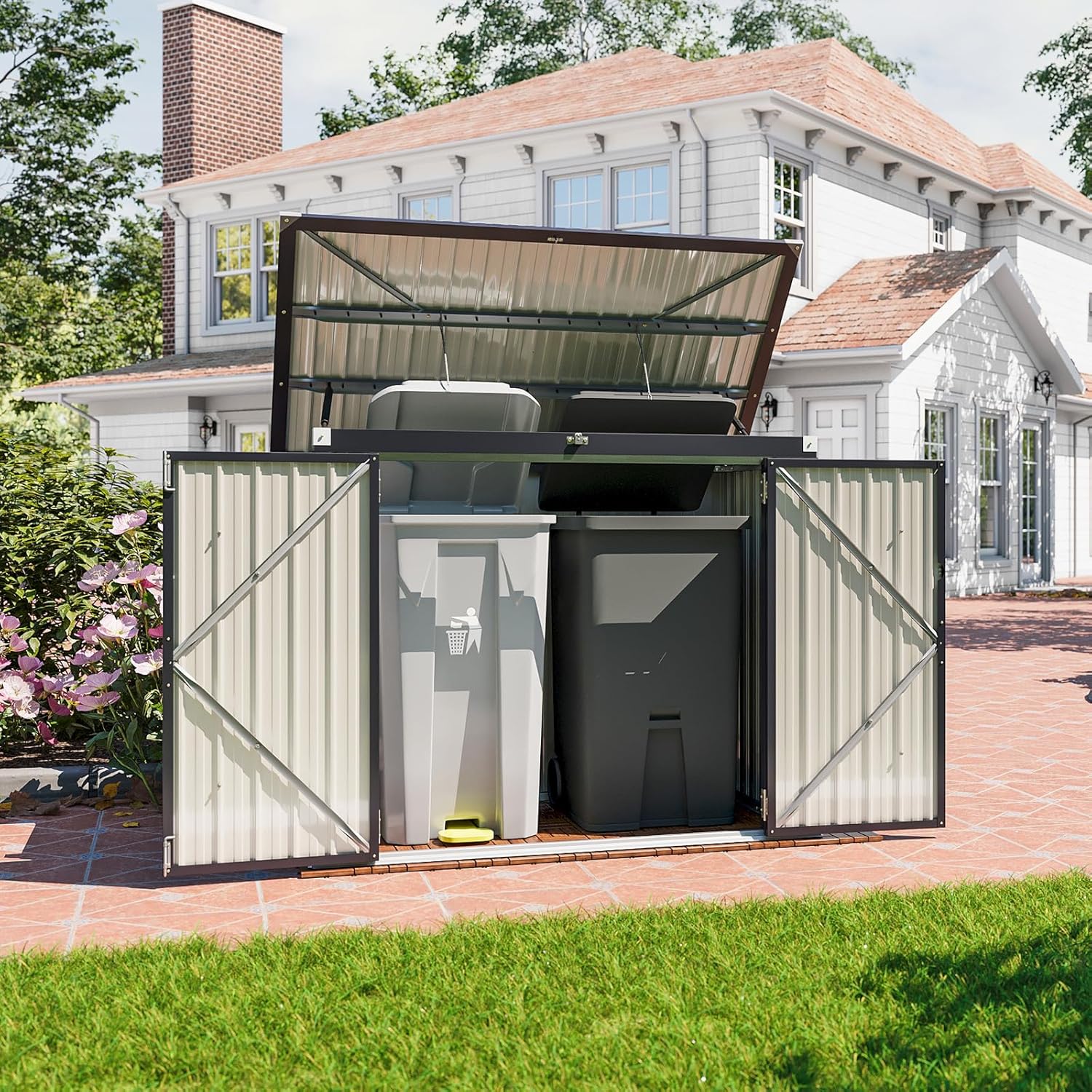 oneinmil Outdoor Storage Shed 5 x 3 FT, Horizontal Metal Shed with Lockable Doors, Waterproof Storage Cabinet with Lid Chain for Trash Can, Toys, Weeding Tools, for Garden, Backyard, Patio