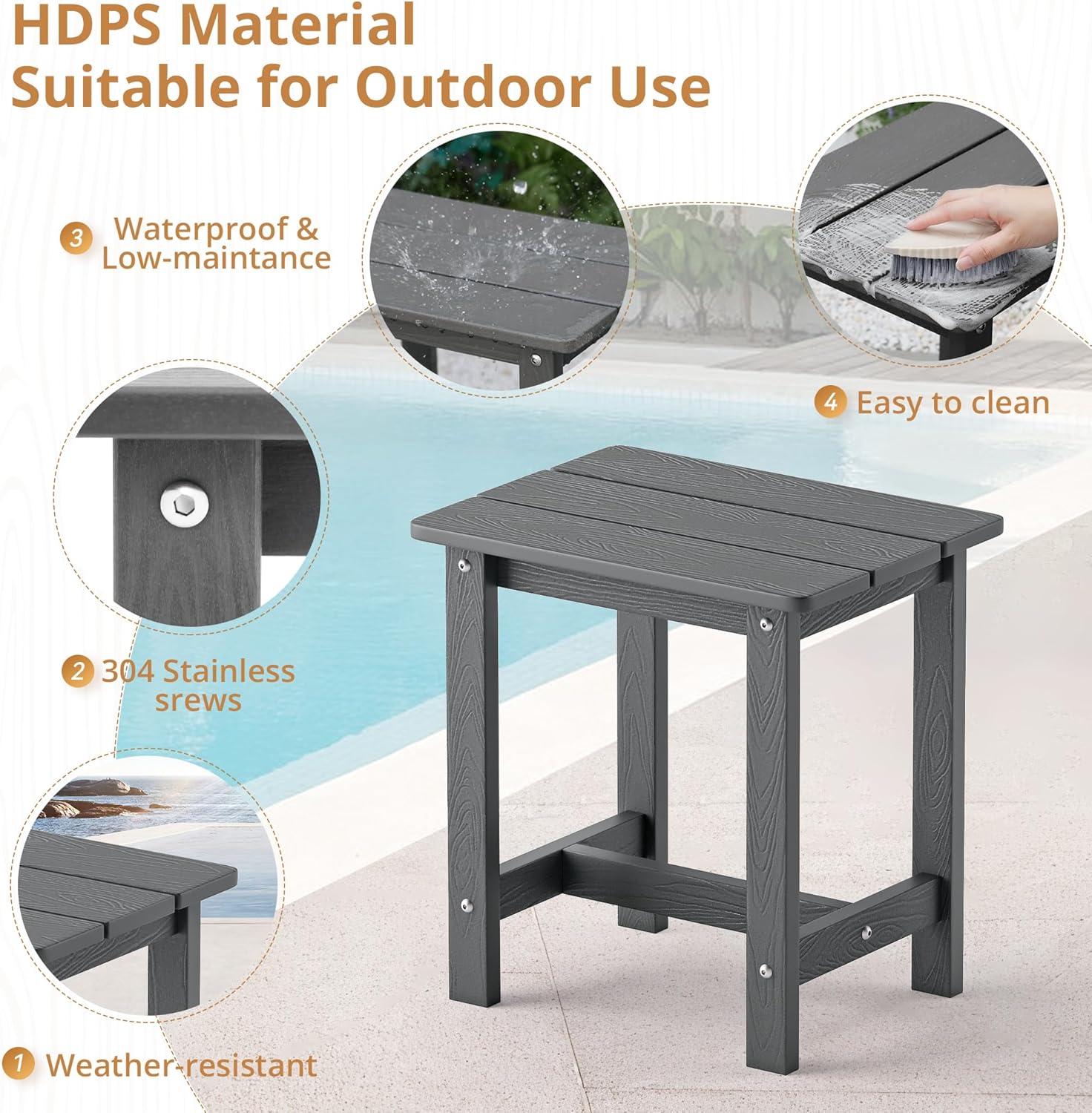 LUE BONA Outdoor Side Table Set of 2, HDPS Small Outdoor Table, Adirondack Side Table, Outside End Table for Patio, Deck, Pool, Weather Resistant/Easy Maintenance/Indoor or Outdoor Use, Dark Gray