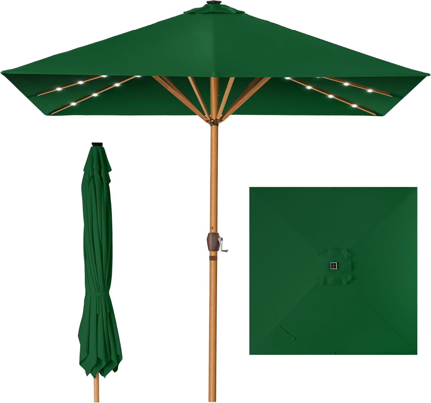 Best Choice Products 9ft Deep Square Solar Powered LED Lighted Patio Umbrella w/Woodgrain Pattern, UV-Resistant Fabric, Hand Crank - Green