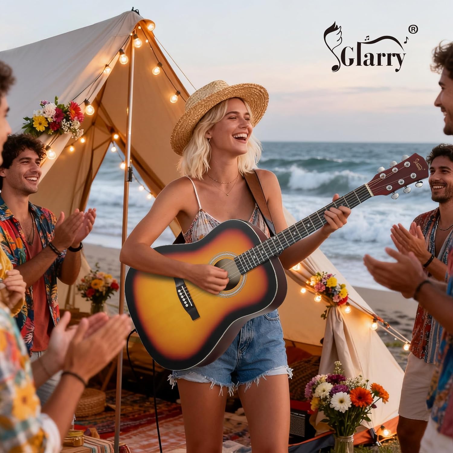 GLARRY 41in Full Size Acoustic Electric Guitar Beginner Kit with 15W Amp, 5-band EQ Dreadnought Design 6 Strings Electric Acoustic Guitar with Bag, Strap, Picks, Strings, Wrench, Sunset Color