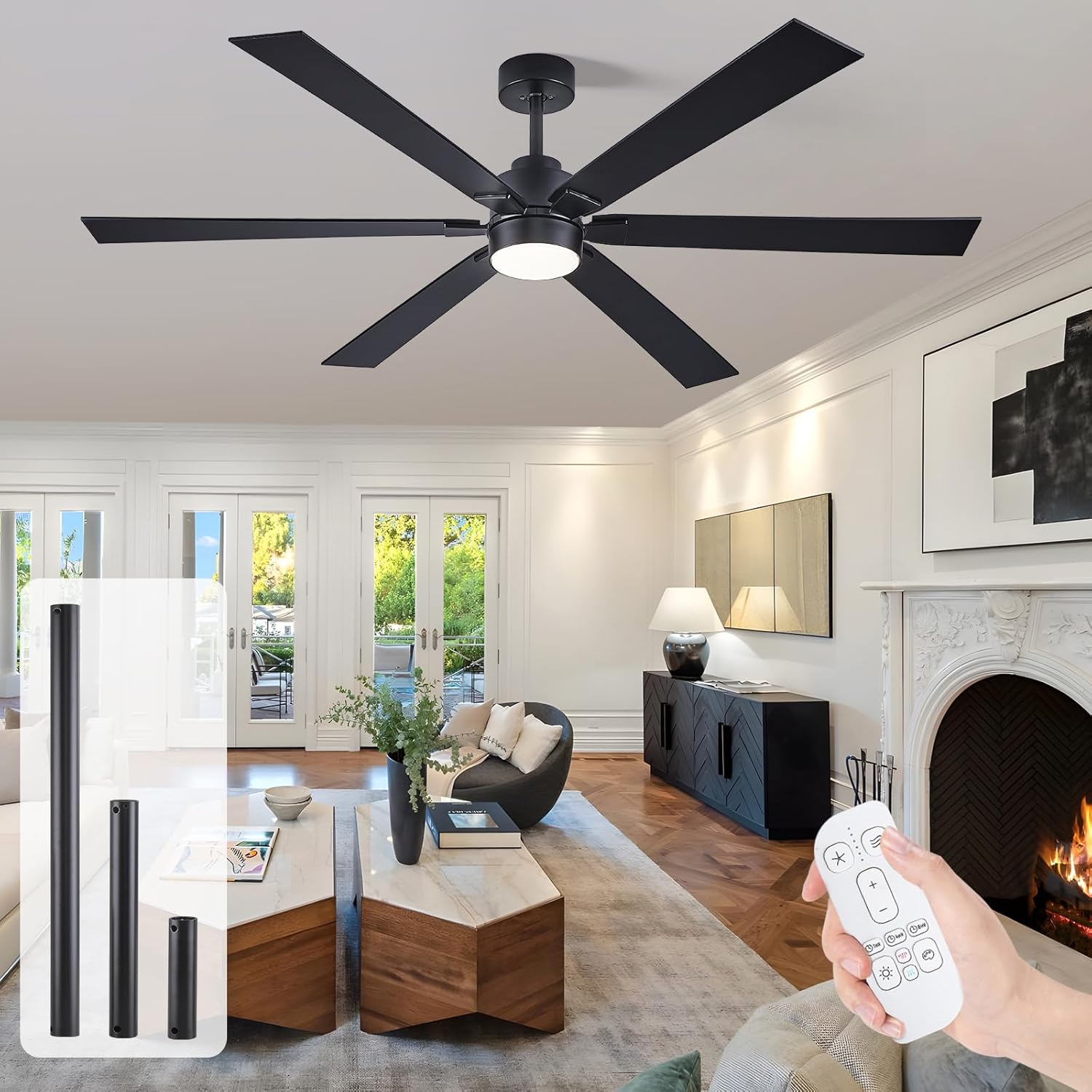66 Inch Large Outdoor Ceiling Fans for Patios with Lights, Modern Black Ceiling Fan with Light and Remote, 6 Blades Reversible DC Motor Ceiling Fan for Indoor Living Room Porch Gazebo Commercial