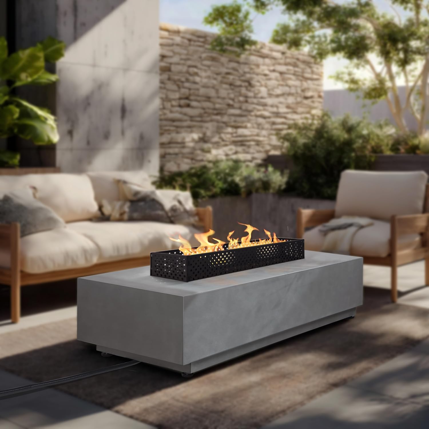 48'' Rectangular Propane Fire Pit Table, 3-in-1 50,000BTU Firepit Table with Griddle for Outside Patio, Backyard Decor, Grey