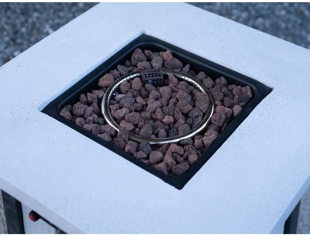 28 Inch Square Outdoor Propane Fire Pit Table with 50000 BTU Heat Output, Fiberglass and Iron Construction for Patio or Garden Use