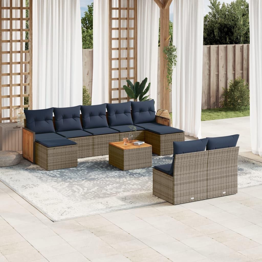 10 Piece Garden Sofa Set, Grey PE Rattan Outdoor Patio Furniture with Acacia Wood Table, Navy Cushions, UV-Resistant, Modular Design for Backyard Terrace