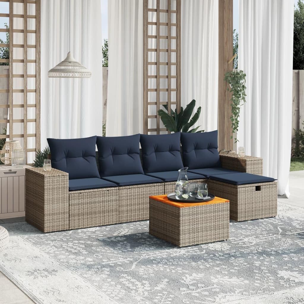 6 Piece Patio Sofa Set with Cushions, Gray Poly Rattan Outdoor Furniture, Modular Design with Acacia Wood Table, Weather-Resistant for Backyard