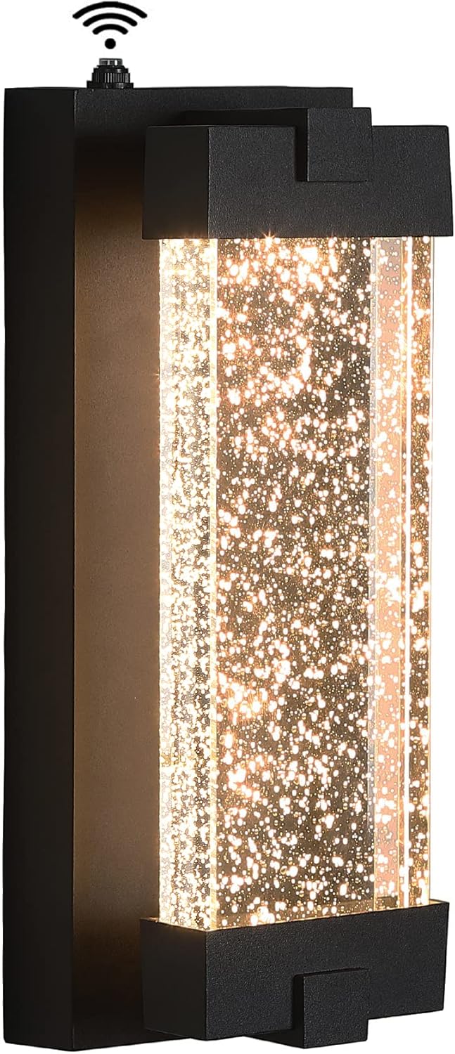Black Wall Sconce with K9 Crystal Bubble and Dusk to Dawn Sensor, Exterior LED Wall Mounted Light, Modern Porch Lantern, Light Fixture for Indoor and Outdoor