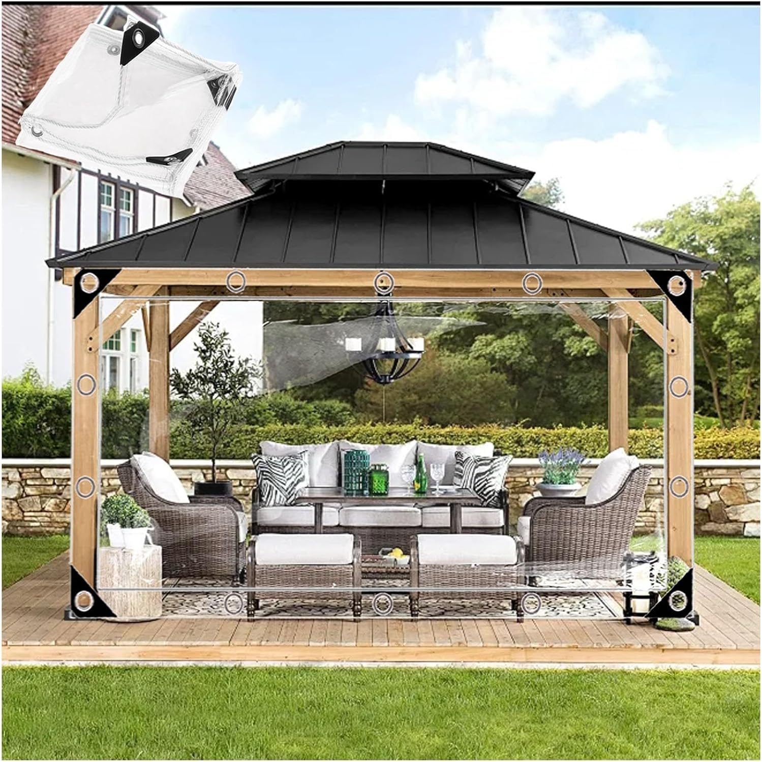Transparent Tarpaulin，Canopies Tarps，Clear PVC Waterproof Cloth，Clear Waterproof Tarps，Clear Tarp with Grommets，for Porch, Pavilion,Greenhouse,Home Garden Outdoor Use(8 * 15m/315 * 591in)