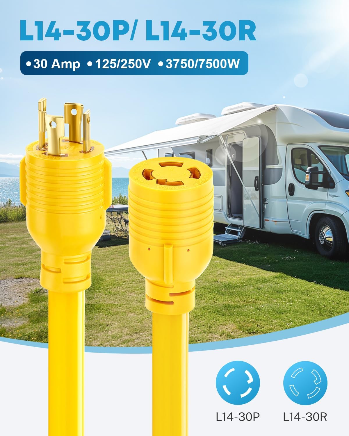 30 Amp Generator Extension Cord 50 FT + 30 Amp Generator Power Inlet Box