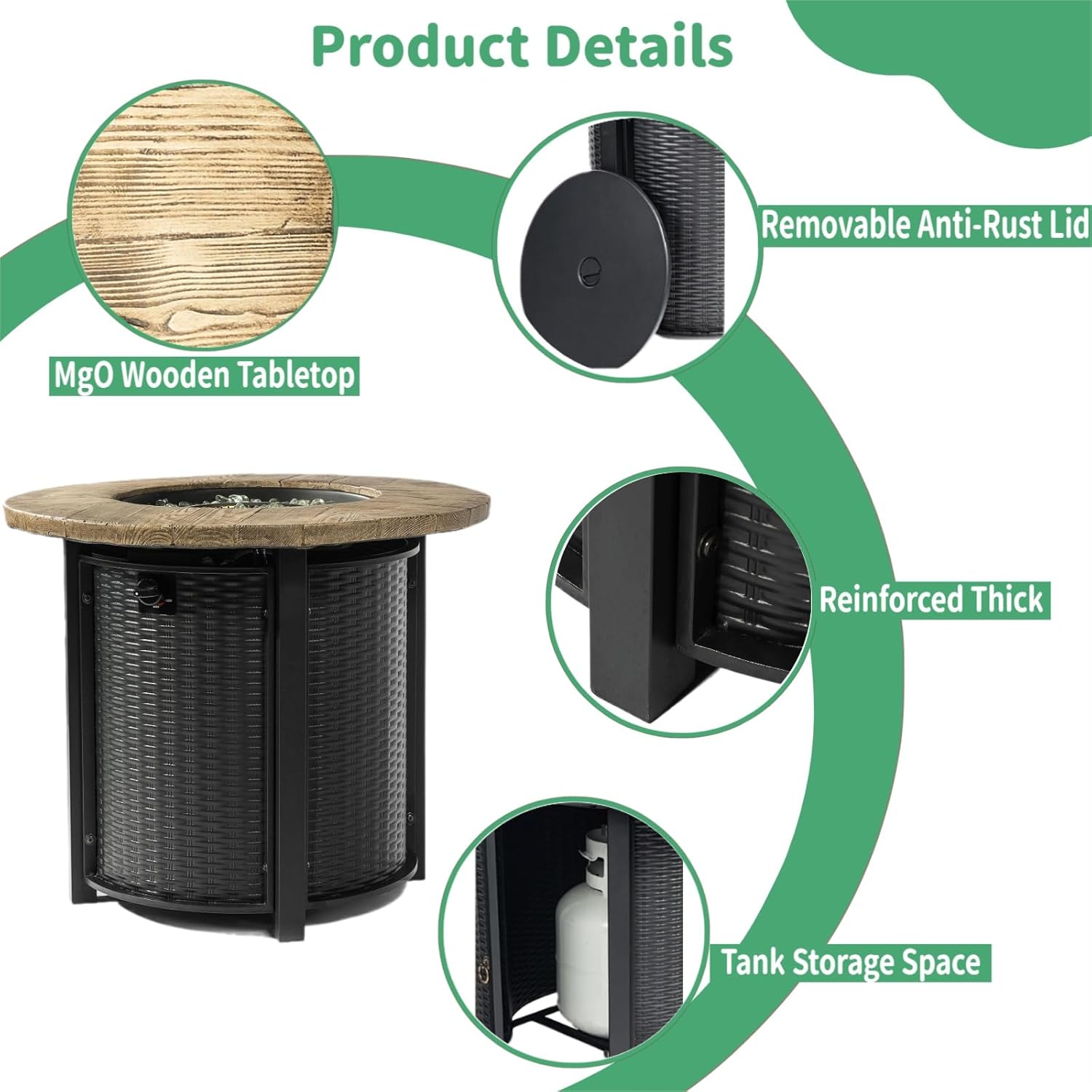 30 Inch Outdoor Propane Fire Pit Table,50000 BTU Steel Gas Firepit with with Woodgrain Top & Lava Rocks, Portable Round Patio Heater for Deck Garden Backyard