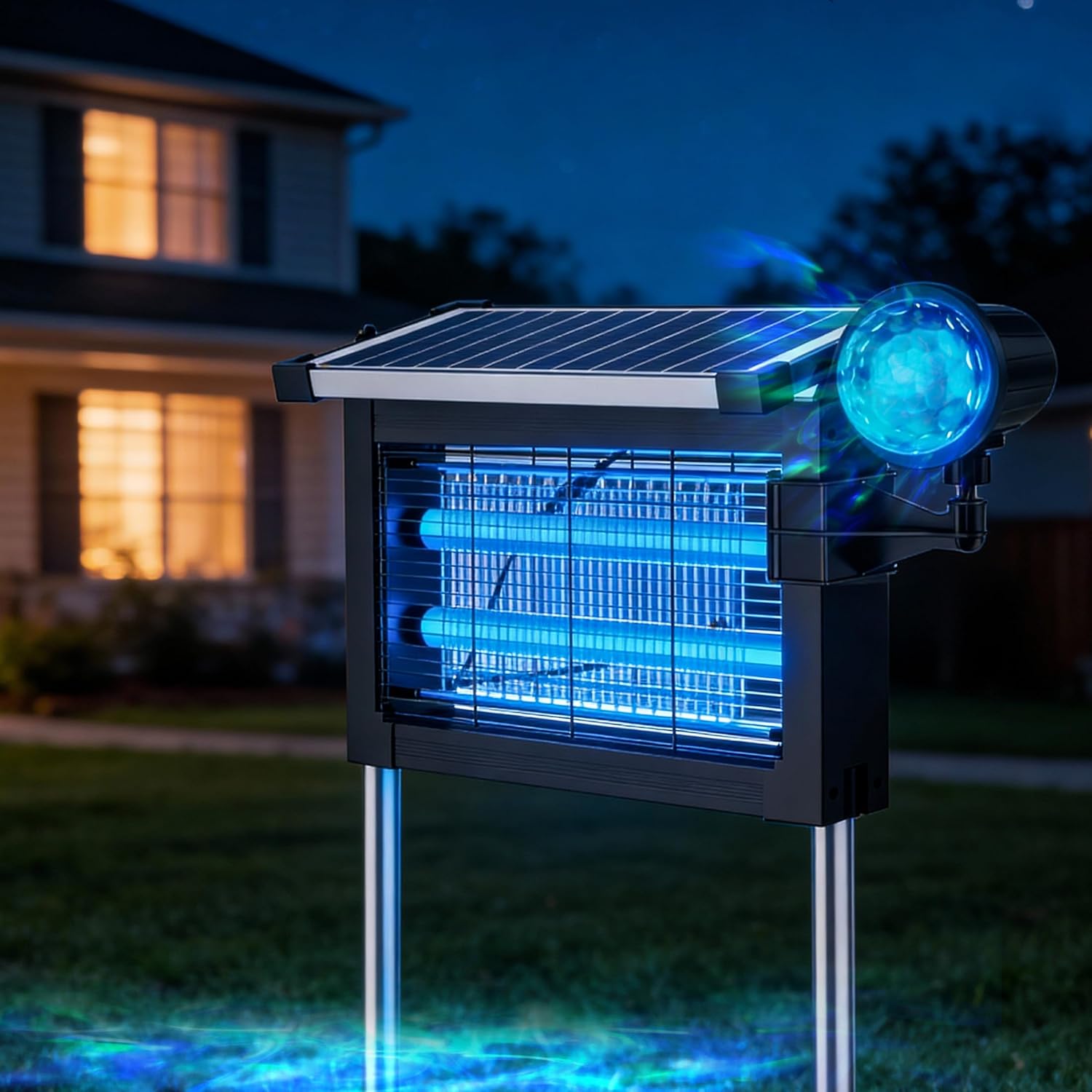 Solar Bug Zapper Outdoor, Rechargeable & Solar Powered, 4500V High Voltage for Effective Mosquito & Multi-Insect, 14-Color Projector Light, Waterproof for Camping Indoor Outdoor