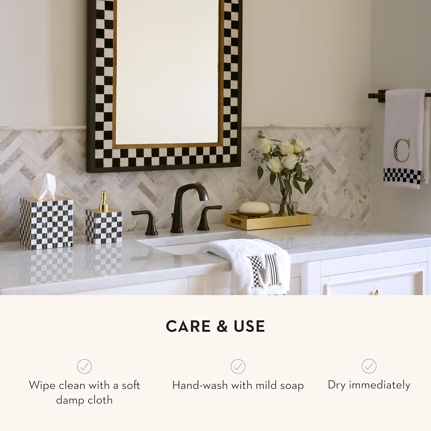 MACKENZIE-CHILDS Boutique Square Tissue-Box Cover, Tissue Holder for Home Decor, Black-and-White Courtly Check Lacquer