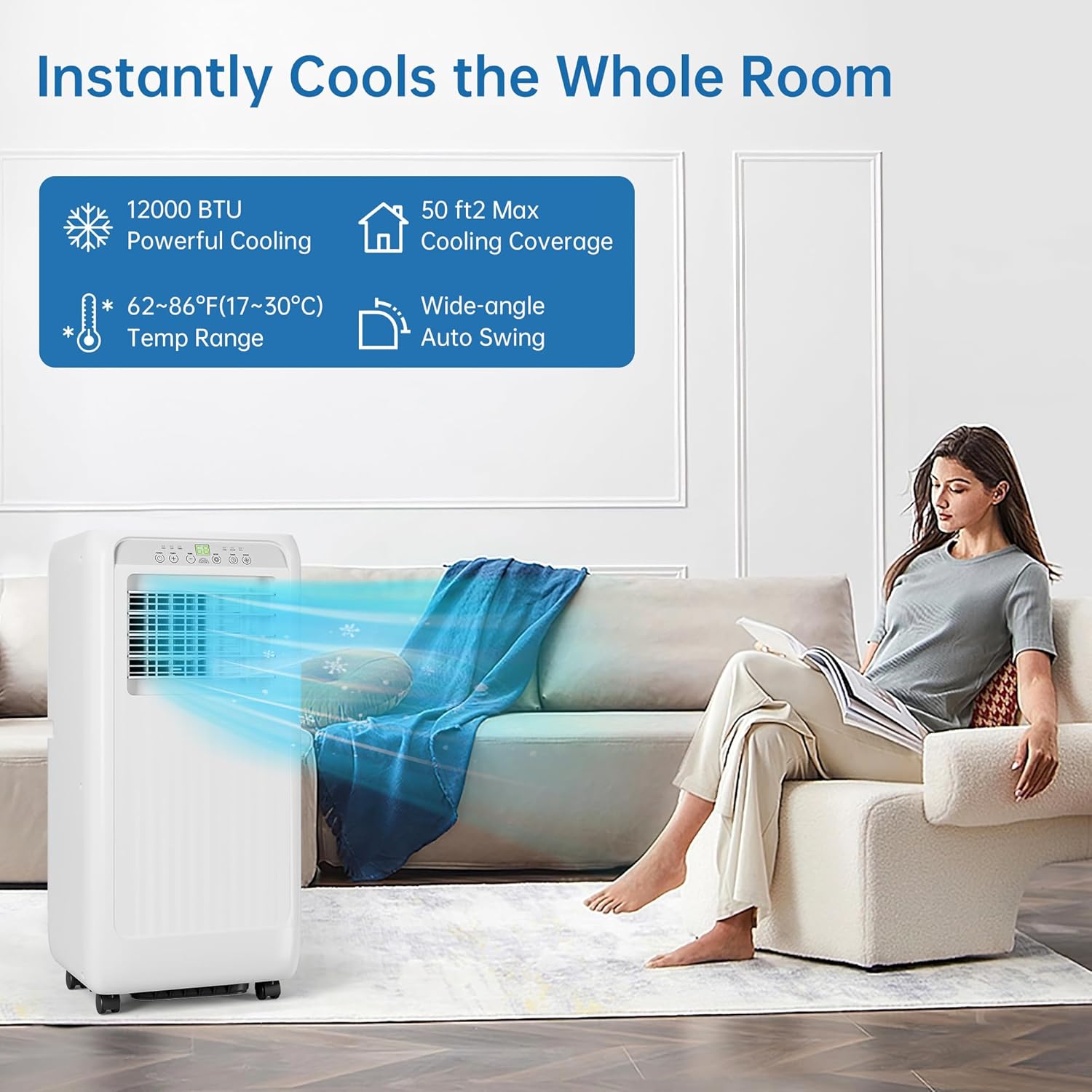 8,000 BTU Portable Air Conditioner for Rooms Up to 350 Sq.Ft – 3-In-1 Cooling AC with Dehumidifier, Quiet Sleep Mode, 24-Hour Timer, LED Display, Remote – for Bedroom, Apartment, Dorm, White
