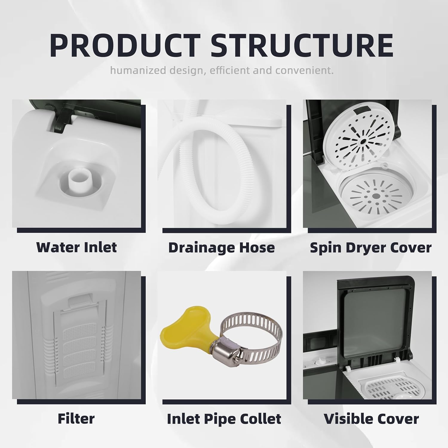 Elevon Portable Washing Machine Twin Tub 18.7 Lbs Capacity, (14.3 Lbs) and Spinner(4.4 Lbs) Combo Mini Compact Laundry Washer for Home, Apartment, Camping, RVs and Dorms, Black/White