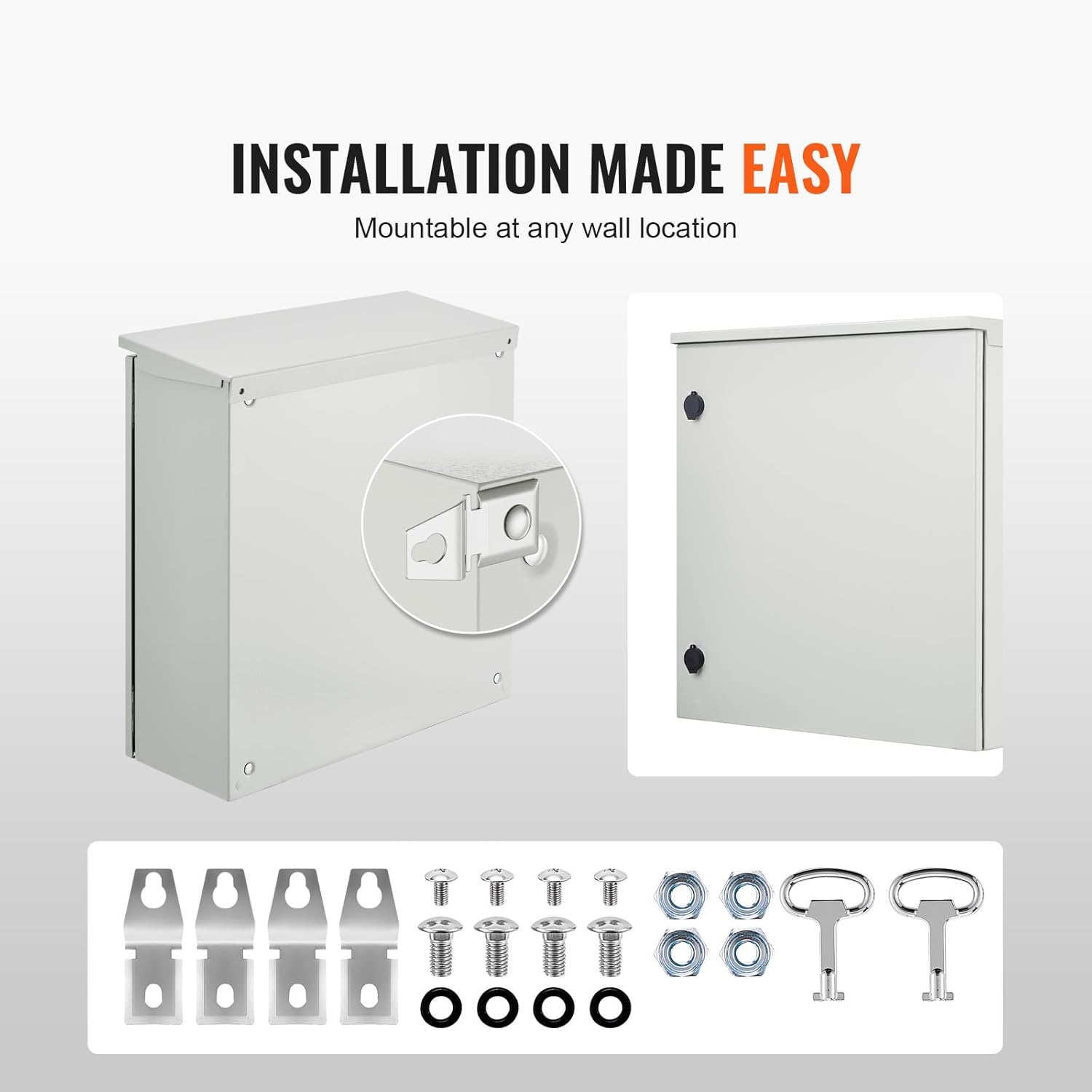 VEVOR Electrical Enclosure, 24'' x 24'' x 8'', NEMA 4 Outdoor Enclosure, IP65 Waterproof & Dustproof Cold-Rolled Carbon Steel Hinged Junction Box for Outdoor Indoor Use, with Rain Hood