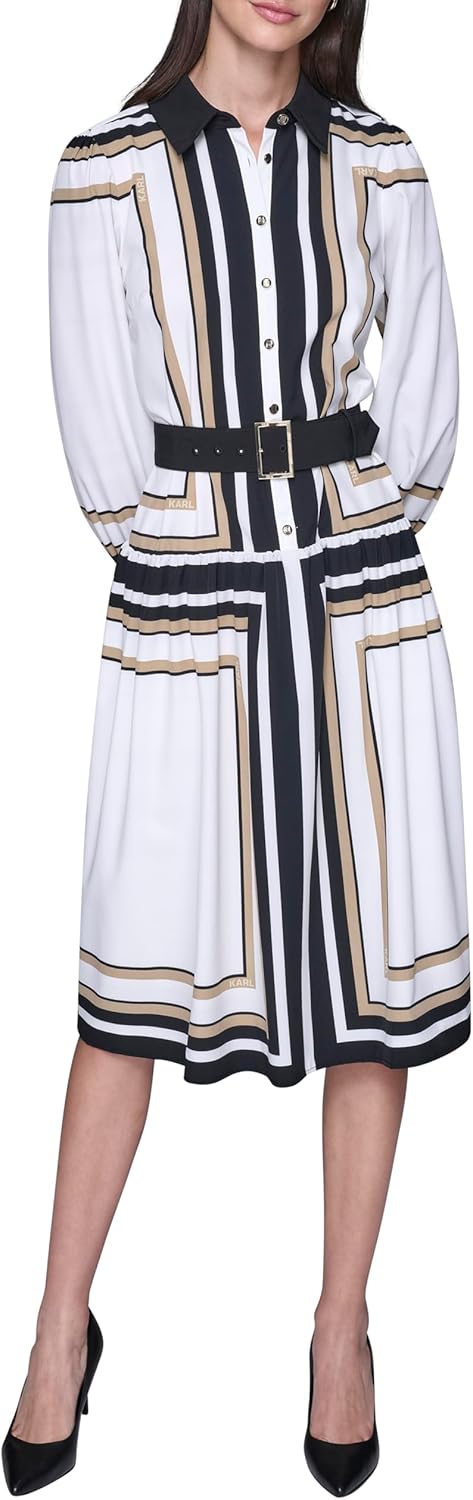 Karl Lagerfeld Women's Collared Printed Silky Crepe Belted Midi Dress