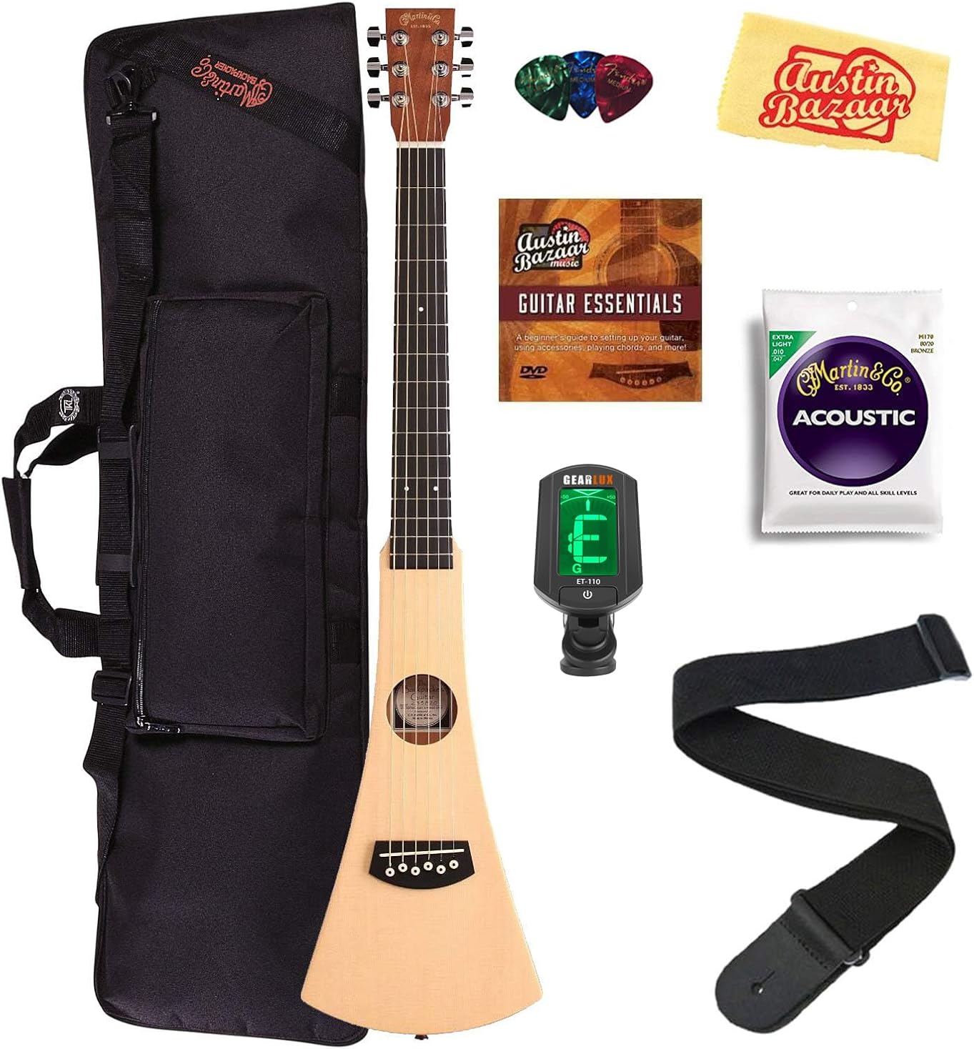 Martin Steel String Backpacker Travel Guitar Bundle with Gig Bag, Strap, Strings, Tuner, Picks, Austin Bazaar Instructional DVD, and Polishing Cloth