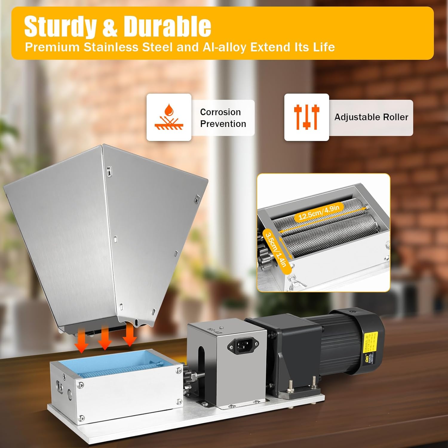 Grain Electric Grinder Mill, 110V 60W Grain Mill Malt Crusher for Rice Corn Coffee, Wheat Feed Multifunctional Milling Machine Stainless Steel Roller 4 Hoppers