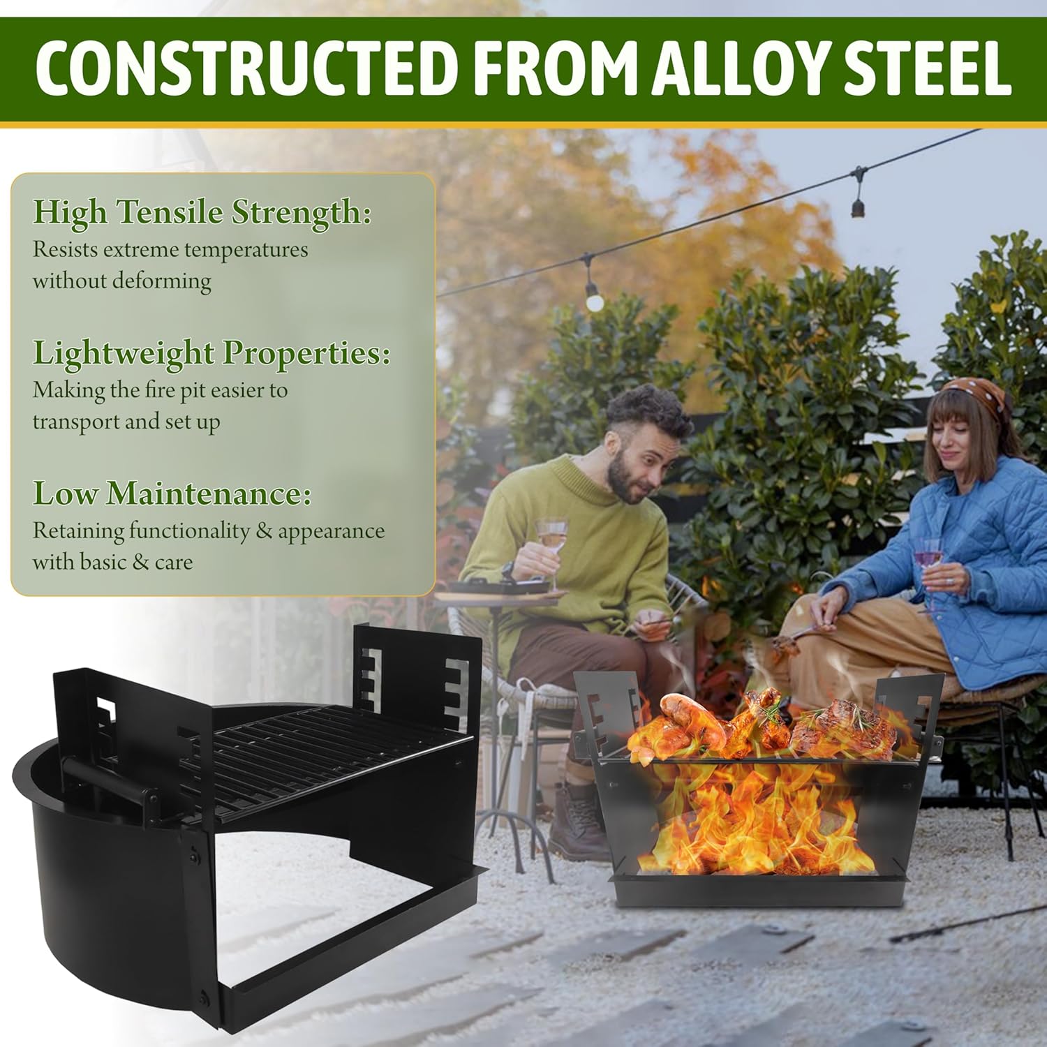 FEBTECH - Outdoor Fire Pit Insert Ring Liner with Adjustable Cooking Grill Grate - Heavy Duty Wood Burning Fire Pit with Cooking Grate for Outdoor Cooking Fireplace, Bonfire or Campfire Black