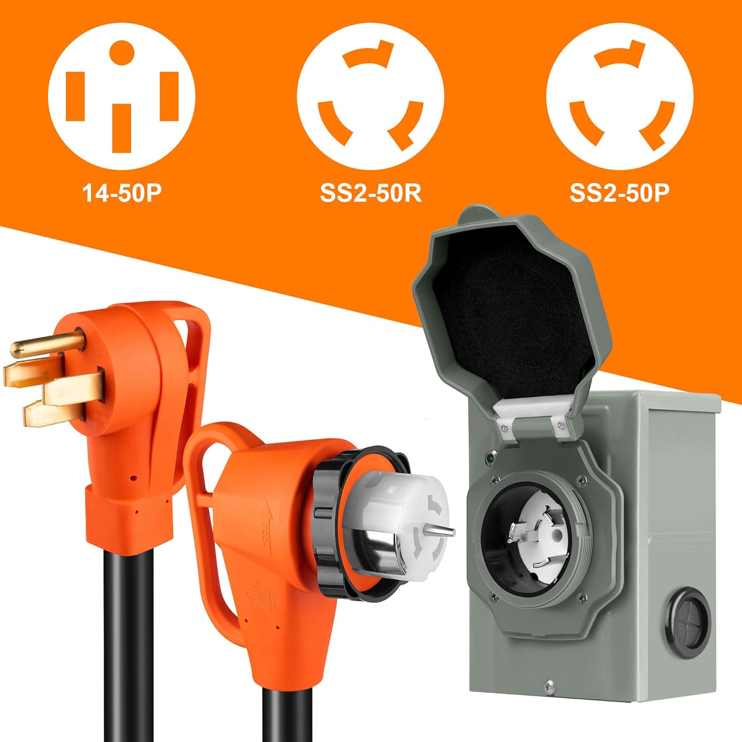 15FT 50 Amp Generator Cord and Power Inlet Box Kit,NEMA 14-50P to SS2-50R Generator Cord,Pre-Drilled 50 Amp Generator Inlet Box with 6/3+8/1 AWG STW Wire,125/250V, 12500W,UL&ETL Listed