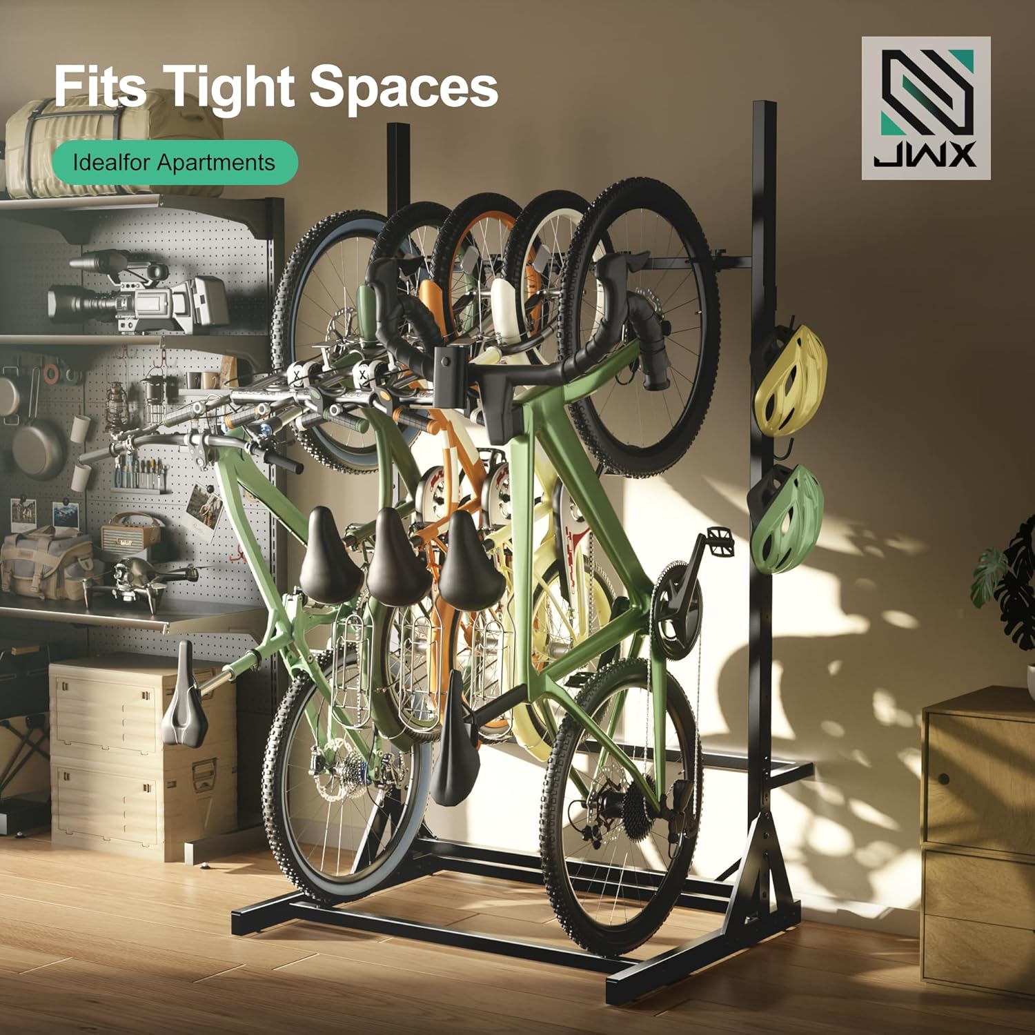 JWX Freestanding 5 Bike Rack, Heavy Duty Floor Bike Stand with Triangle Support Panels, Adjustable Rubber-Coated Hooks, Gear Accessory Holders, Easy Assembly