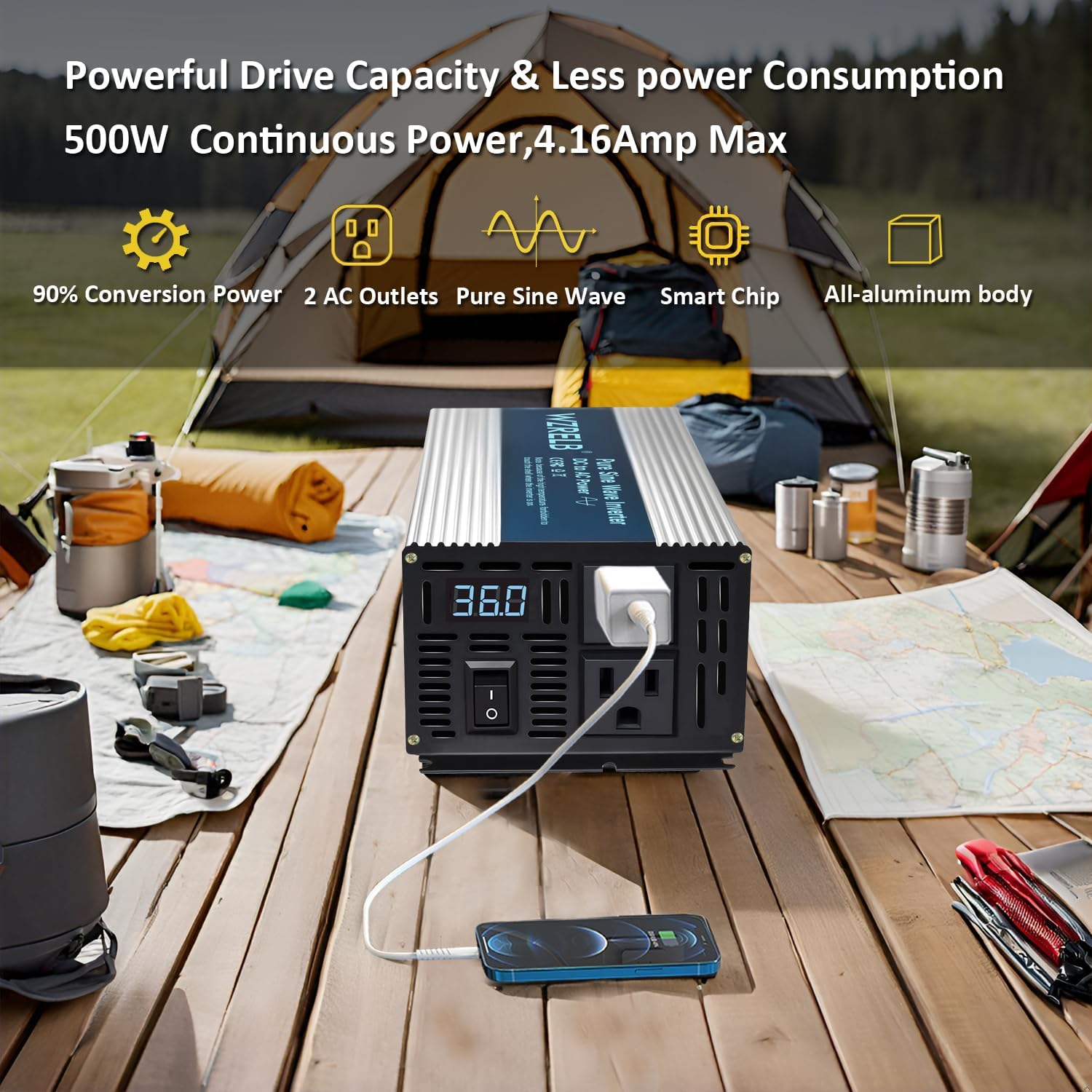 WZRELB 500W Pure Sine Wave Inverter 36V DC to 110V 120V AC Power Converter with LED Display, Off-Grid Portable Power Inverter with 2 AC Outlets for Home, RV, Truck, Camping