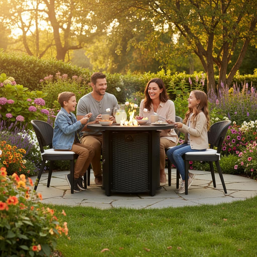 32-Inch Round Propane Fire Pit Table, 50,000 BTU Outdoor Steel Fire Table with Storage, Black Wicker Design, Volcanic Rocks, Electronic Ignition for Patio Garden Deck