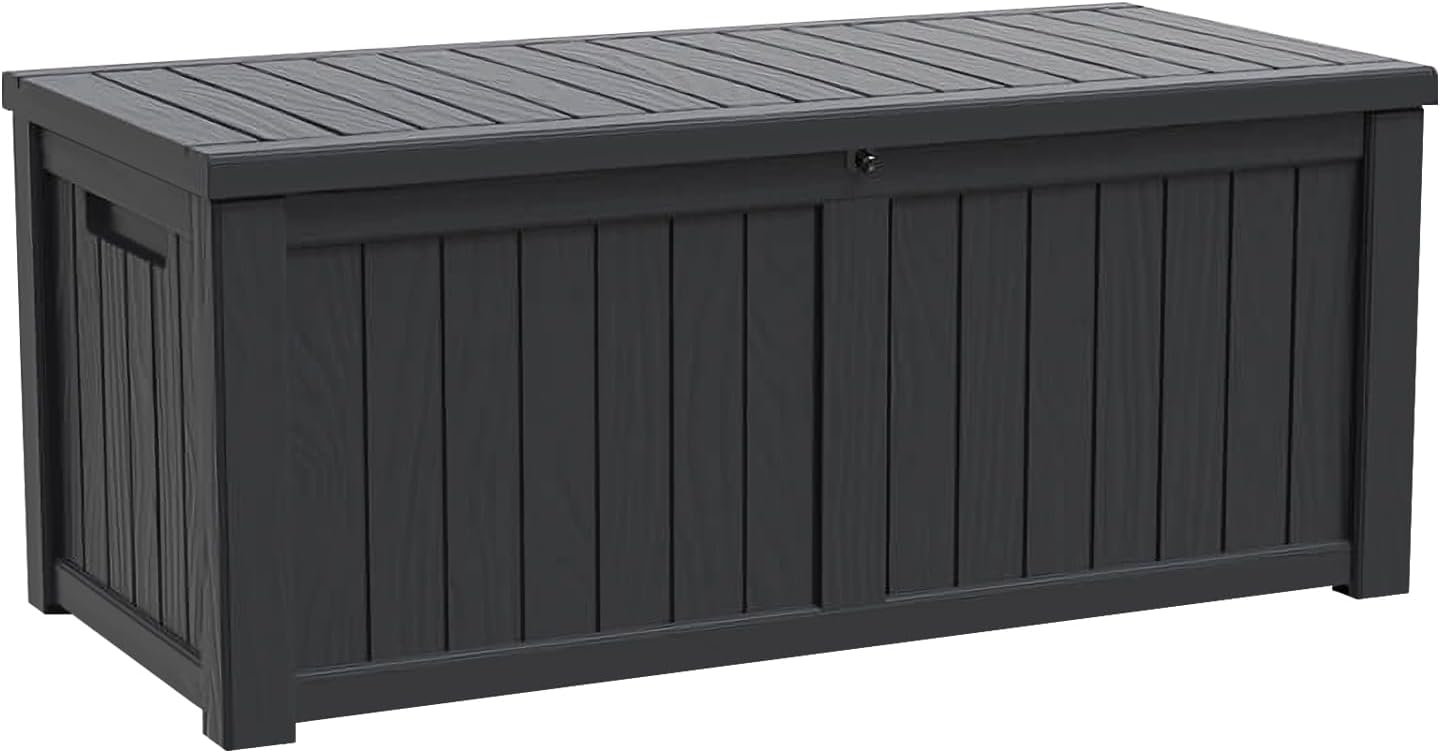 Modern-Depo 120 Gallon PP Deck Box Waterproof Outdoor Storage Box with Lockable Lid, Bench Organization Container for Patio Furniture Cushions, Garden Tools, Pool Supplies, Black