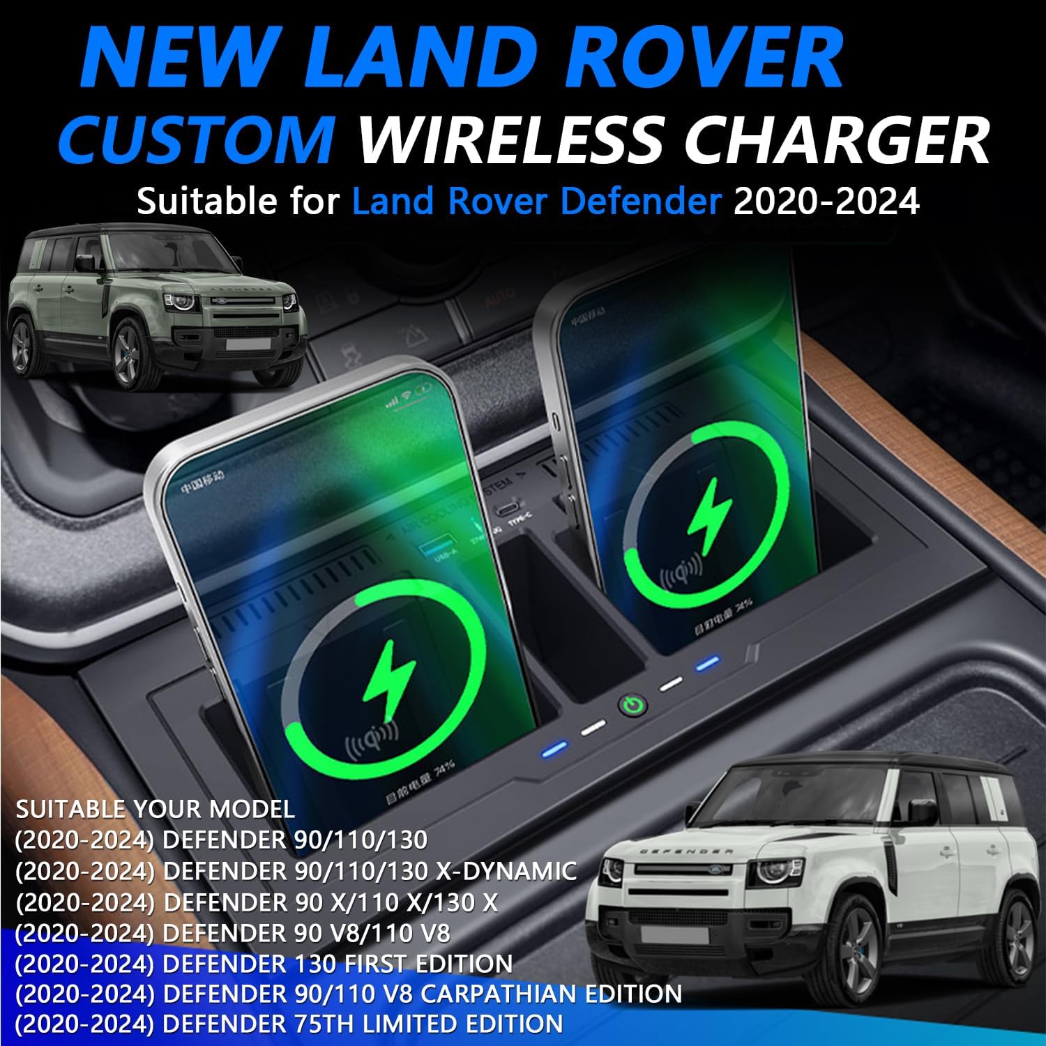 Dual Wireless Car Charger for Land Rover Defender 90 110 130 X/X-DYNAMIC/V8/CARPATHIAN Edition 2020-2024 Interior Accessories Upgrades, 15W Fast Charging Phone Charger Pad for iPhone Samsung