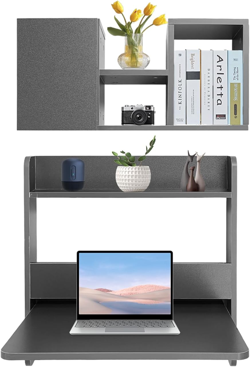 Wall Mounted Desk & Bookshelf, Folding Space Saving Wall Mounted Table with Storage Compart Space, Fold Down Laptop Desk for Home Office (Grey)