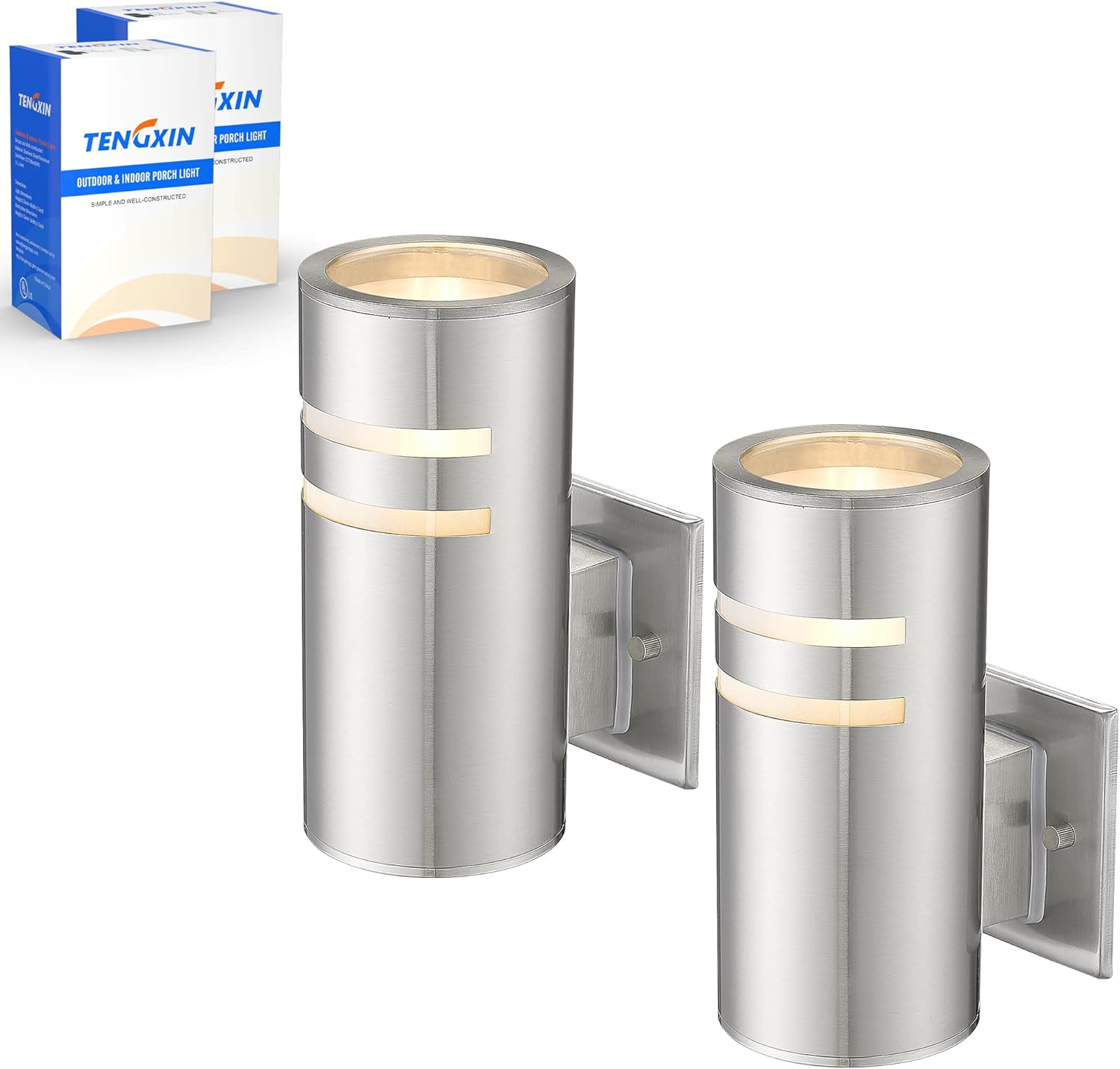 TENGXIN 2 Pack Patio Wall Light Cylinder,Up Down Modern Outdoor Wall Sconce with Stainless Steel Cylinder,Brushed Nickel Finsh Wall Mount Light