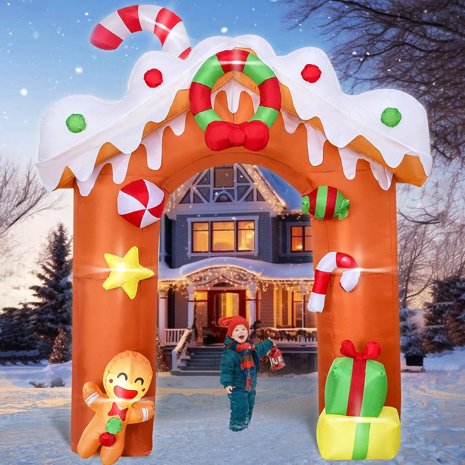 DearSun 10FT H Christmas Inflatable Gingerbread House Archway with Build-in LED Lights, Blow up Christmas Inflatable Outdoor Decorations Large Party Yard Decoration
