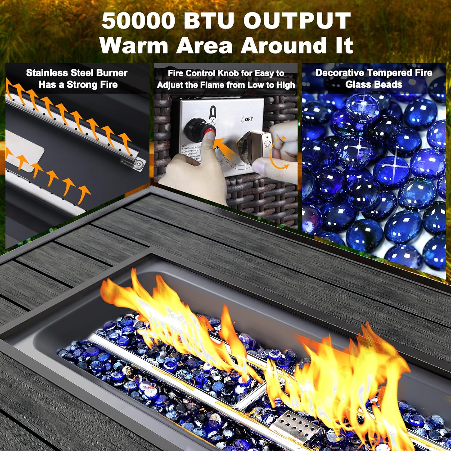 NOBLEMOOD 48 INCH Propane Fire Pit Outdoor Fire Table with Glass Beads, 50,000 BTU Gas Fire Pit Table w/Aluminum Table Top, Waterproof Cover for Outdoor, Patio, Garden, CSA Certification