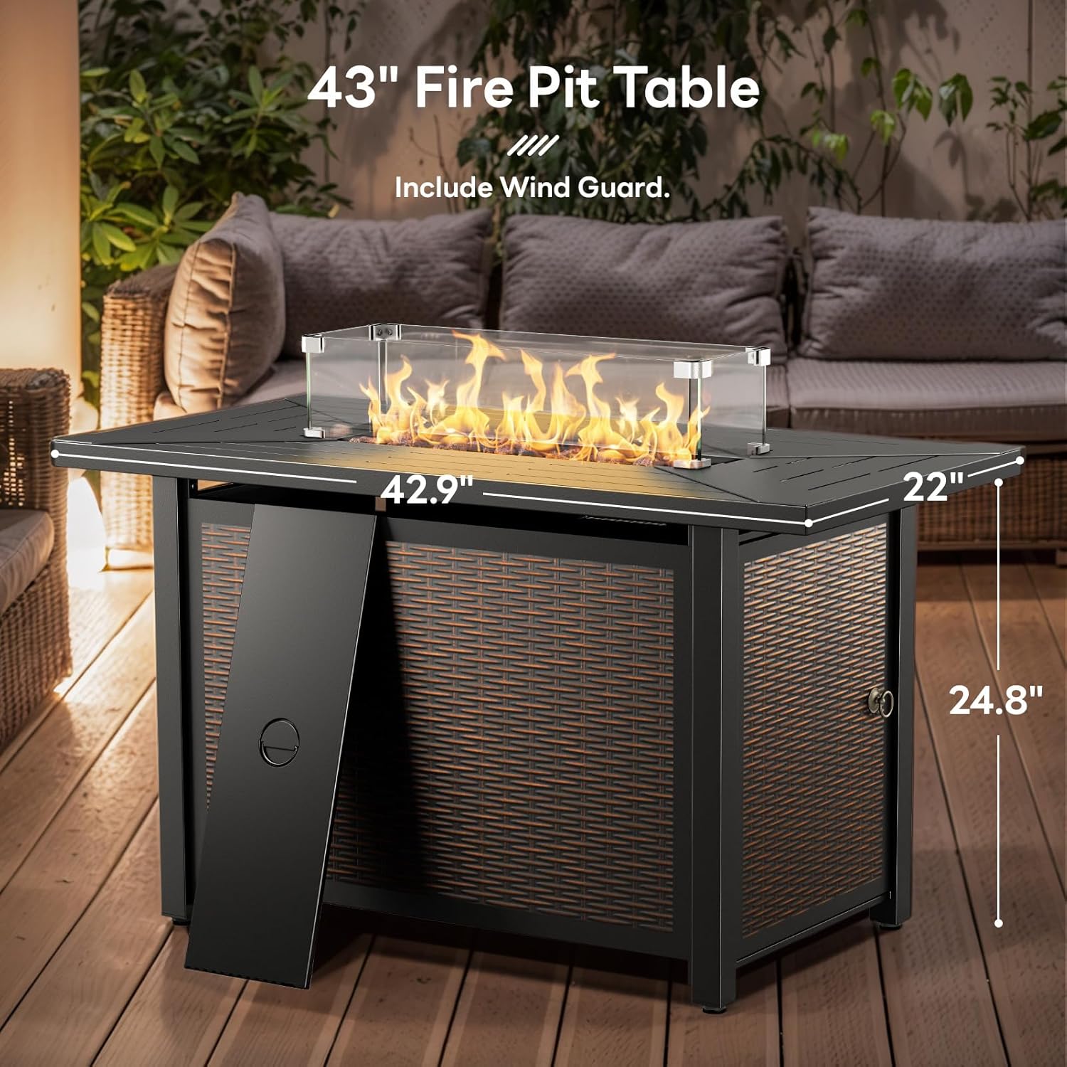 43 Inch Fire Pit Table, Propane Gas Fire Pit Table with 50,000 BTU, Outdoor Patio Firepit Table with Glass Wind Guard, Rectangle Fire Table for Patio, Deck, Backyard
