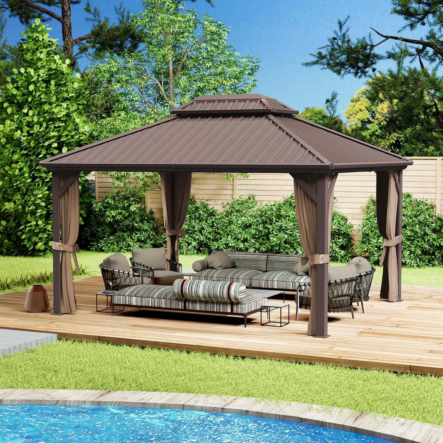 Kozyard Caesar 12'x16' Hardtop Gazebo - Permanent Metal Pavilion with Netting and Shaded Curtains for Patio, Backyard, and Deck - Galvanized Steel Outdoor Aluminum Canopy, Double Roof Gazebo (Brown)