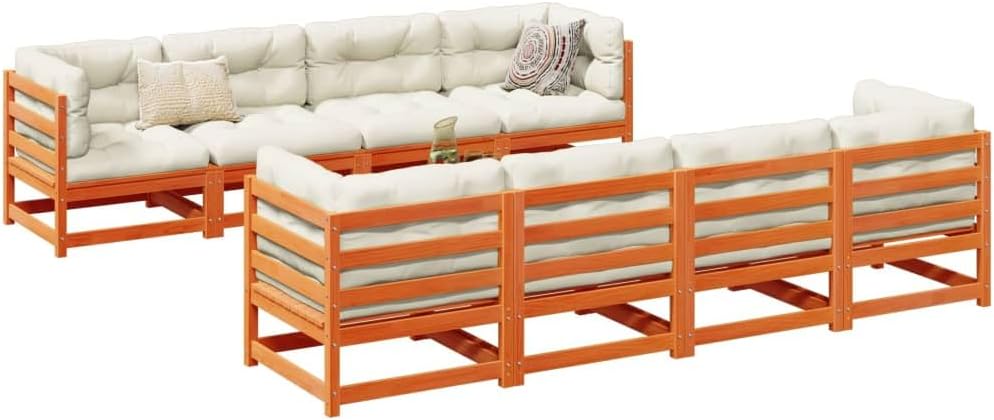 9 Piece Patio Sofa Set with Cushions Wax Brown Solid Wood Pine, Patio Furniture Sets, Outdoor Furniture