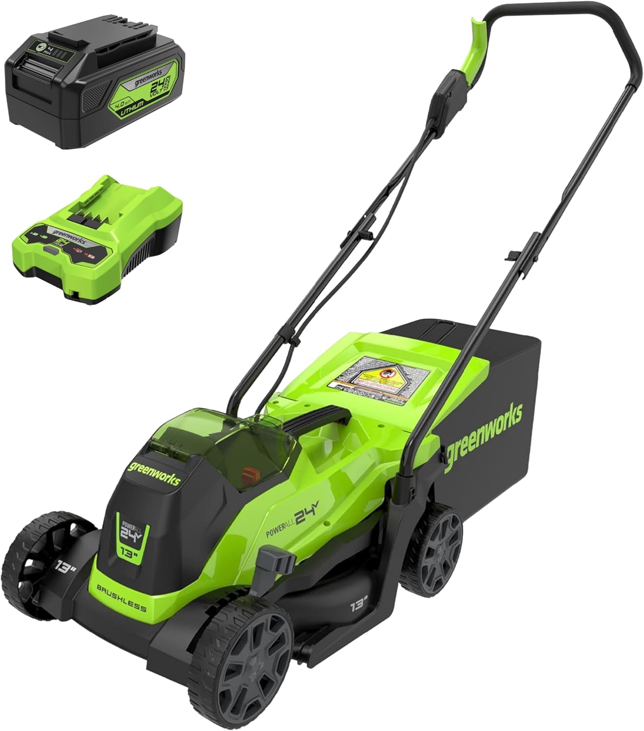 Greenworks 24V 13“ Brushless Cordless Lawn Mower with 4.0Ah Battery & Charger,Maintenance-Free Push Mower with 2-in-1 Mulch/Bag,
