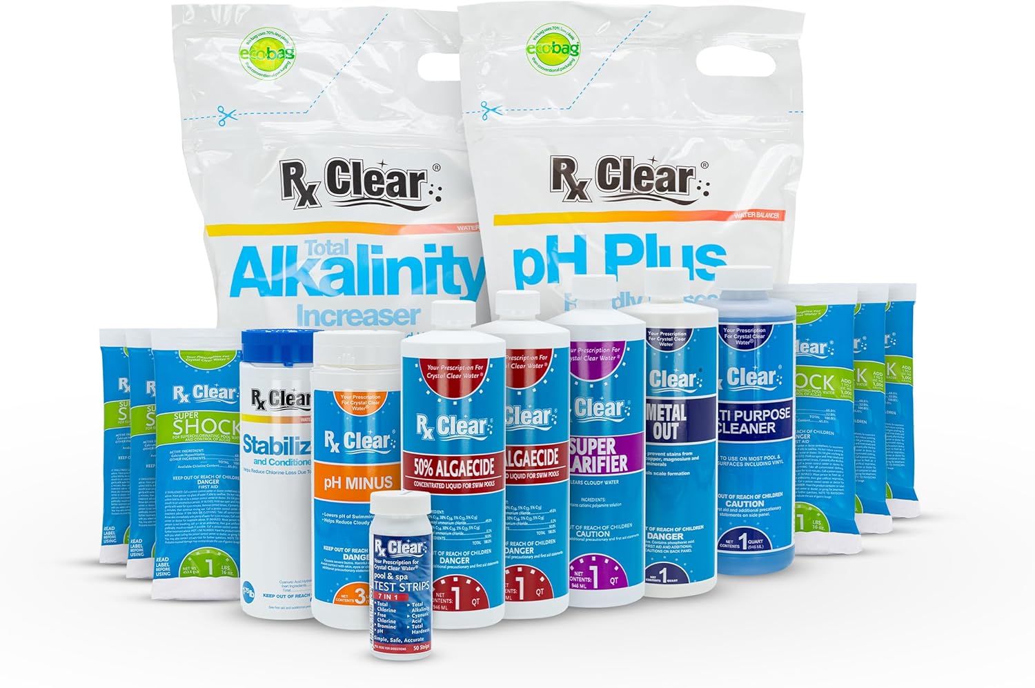 Rx Clear Deluxe Spring Chemical Opening Pool Cleaning Kit | for Swimming Pools Up to 15,000 Gallons | Includes Shock, Clarifier, pH Minus, Algaecide and More | Keep Your Pool Clean and Clear