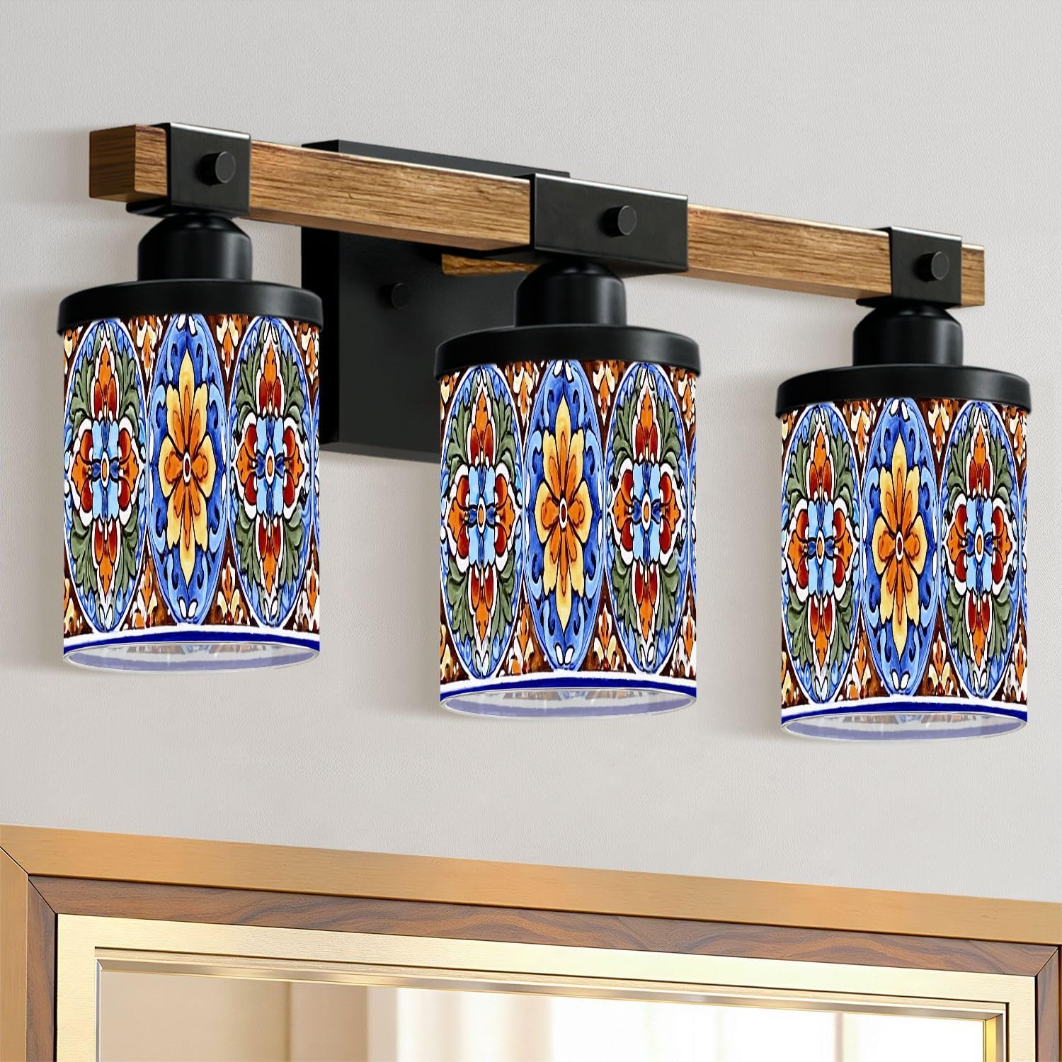 3-Light Bathroom Light Fixtures Mexican Talavera Ceramic Tile Ethnic Folk Ornament Italian Farmhouse Wood Vanity Lights Over Mirror Wall Lamp with Glass Shade Wall Sconces for Living Room