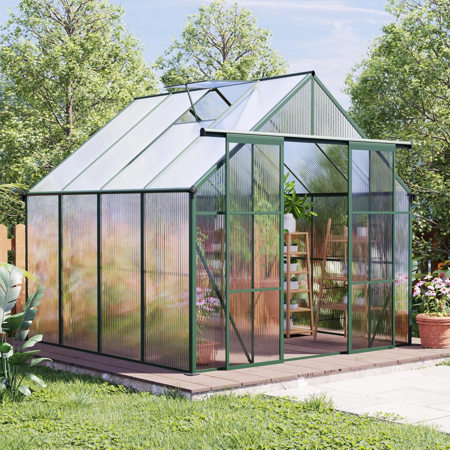 8x8 FT Greenhouse for Outdoors,Polycarbonate Greenhouse with Two-Sliding Door & Adjustable Roof Vent,Aluminum Large Walk-in Greenhouse for Outside Garden Backyard,Green