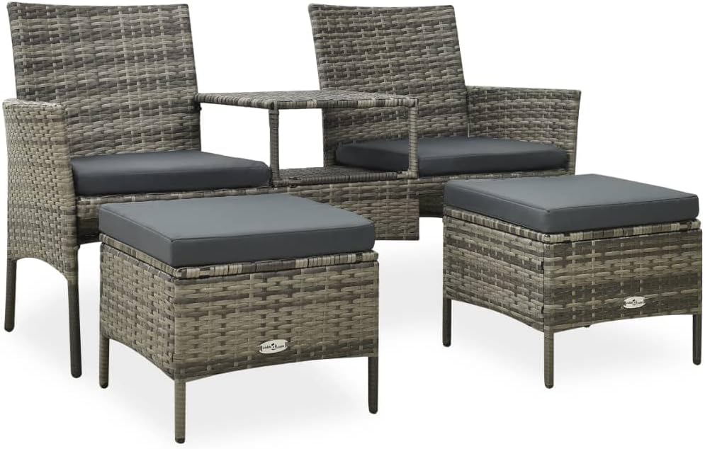 2-Seater Patio Sofa with Tea Table & Stools Poly Rattan Gray,Outdoor 2Seater Patio Rattan Sofa Set with Tea Table and Footstools for Garden Balcony Porch (Gray) Patio Furniture & Accessories, Outdoor