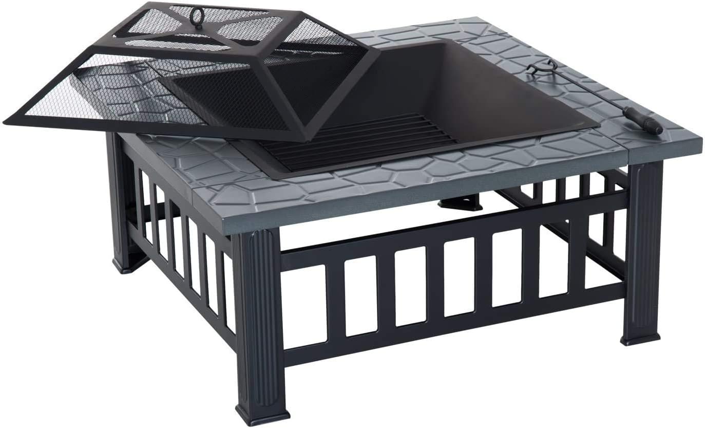 Fire Pit BBQ Grill, Outdoor Square Metal Firepit, Garden Fire Pits,Fireplace Garden Stove BBQ Fire Pit Charcoal Rack with Mesh Cover,Outdoor Fire Pits