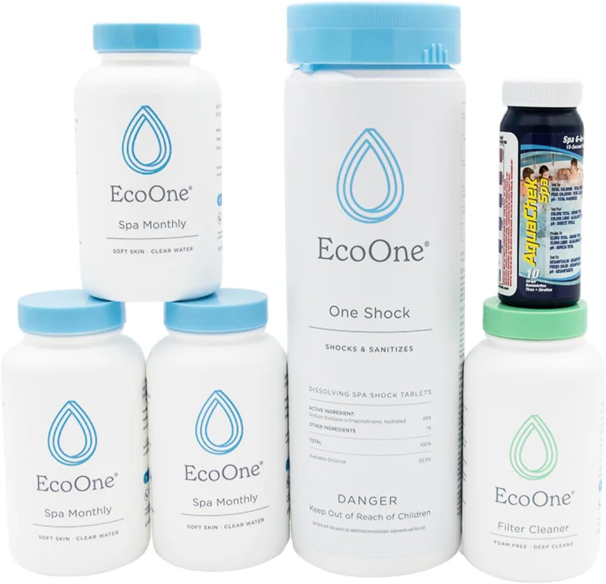 EcoOne | Hot Tub Chemical Maintenance & Supply Kit | Spa Shock, Conditioner & Purification Kit | Contains Oneshock Chlorine Granular, SPA Monthly Conditioner & Filter Cleanser | 3 Month Supply